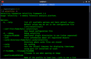 volatility help menu on Kali Linux volatility help menu on Kali Linux