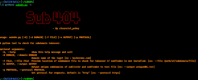 sub404 help options on Kali Linux sub404 help options on Kali Linux