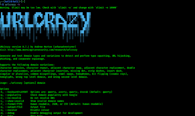 URLCRAZY Help options URLCRAZY Help options