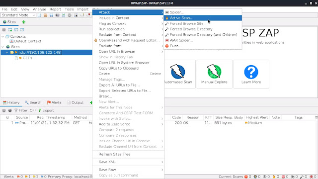 Active Scan using ZAP on Kali Linux Active Scan using ZAP