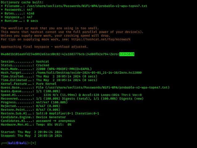 caracked WiFi password using AngryOxide and HashCat on Kali Linux caracked WiFi password using AngryOxide and HashCat on Kali Linux
