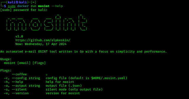 checking help options of mosint via docker on Kali Linux checking help options of mosint via docker on Kali Linux