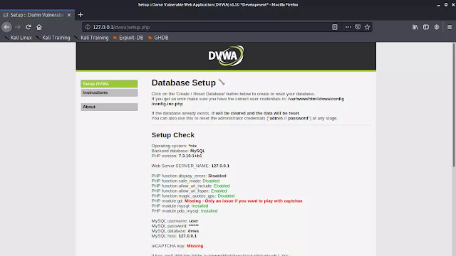 DVWA setup screen DVWA setup screen