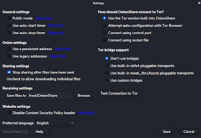 Onionshare settings Onionshare settings