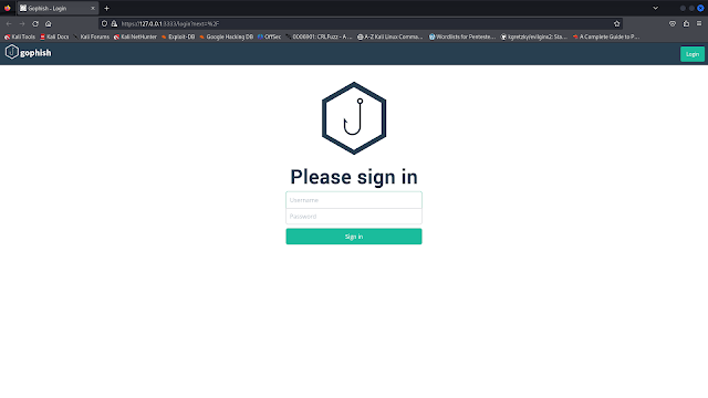 GoPhish web login panel on Kali Linux GoPhish web login panel on Kali Linux