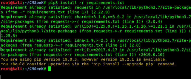 pip3 install -r requirements.txt in CMSeeK pip3 install -r requirements.txt in CMSeeK