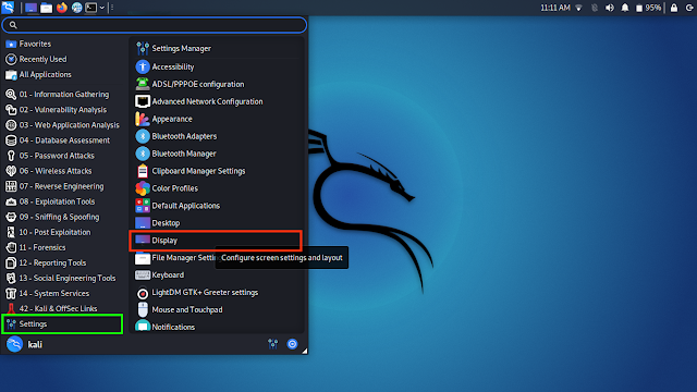 Display Settings on Kali Linux Menu Display Settings on Kali Linux Menu