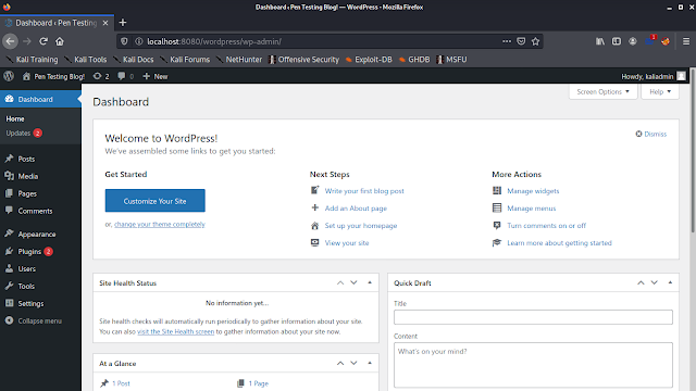 Wordpress admin dashboard on Kali Linux Wordpress admin dashboard on Kali Linux