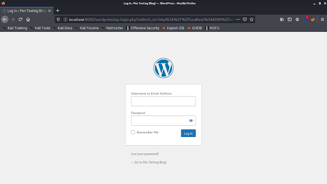 WordPress on Kali Linux admin panel WordPress on Kali Linux admin panel