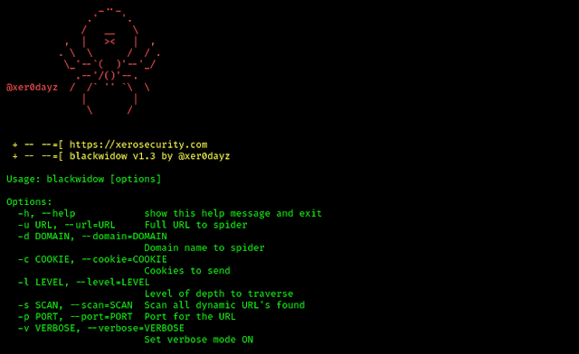 BlackWidow help menu on Kali Linux BlackWidow help menu on Kali Linux