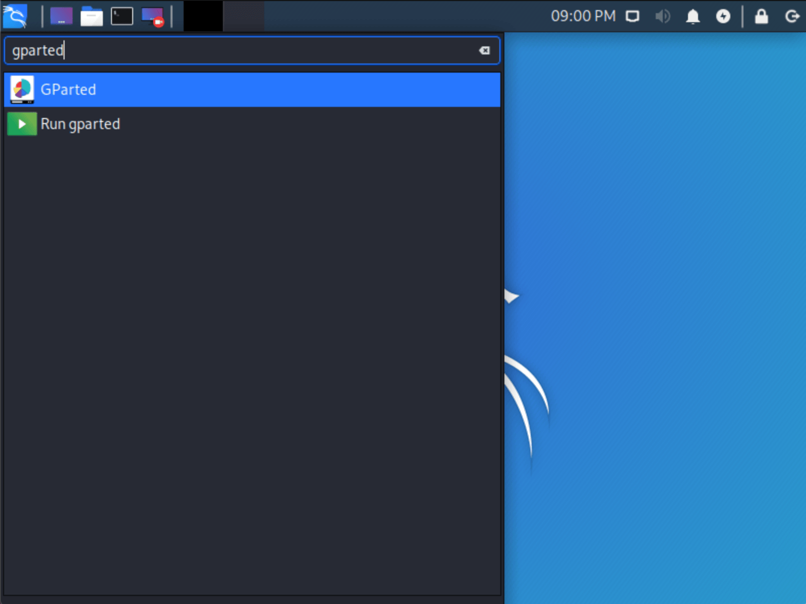 Gparted seaching on Kali Linux Gparted seaching on Kali Linux
