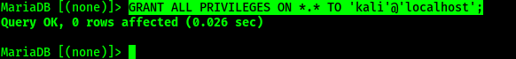grant permission for mysql database user on Kali Linux grant permission for mysql database user on Kali Linux