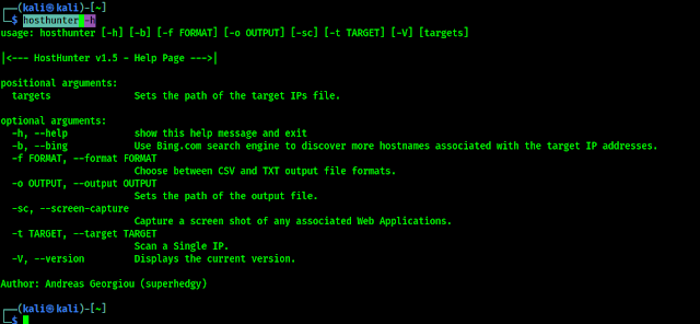 hosthunter help options on Kali Linux hosthunter help options on Kali Linux