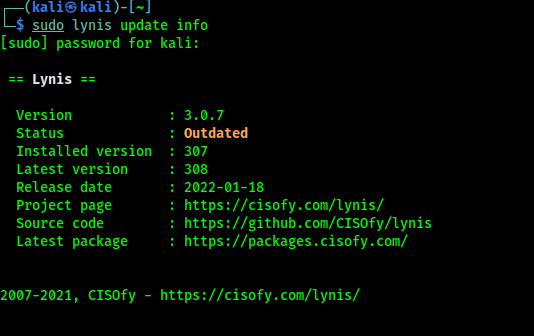 lynis update information on Kali Linux lynis update information on Kali Linux